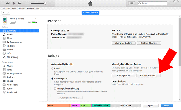 Restore iTunes backup to iPhone