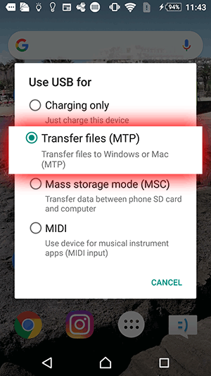 Set Android to transfer files to computer