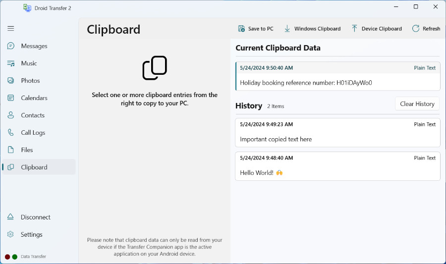 Copy Android clipboard information to PC