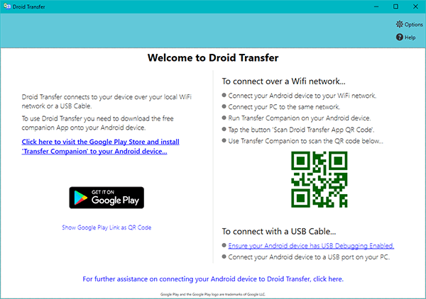 Droid Transfer welcome screen
