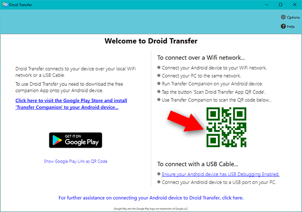 Droid Transfer connect screen