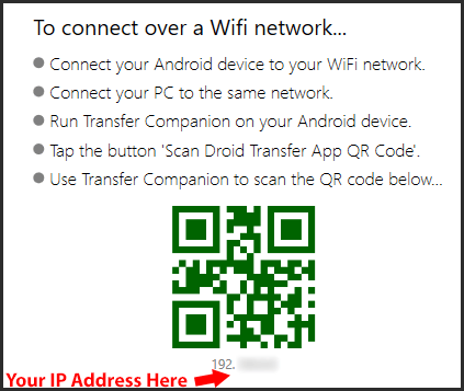 Droid Transfer WiFi connection IP address location