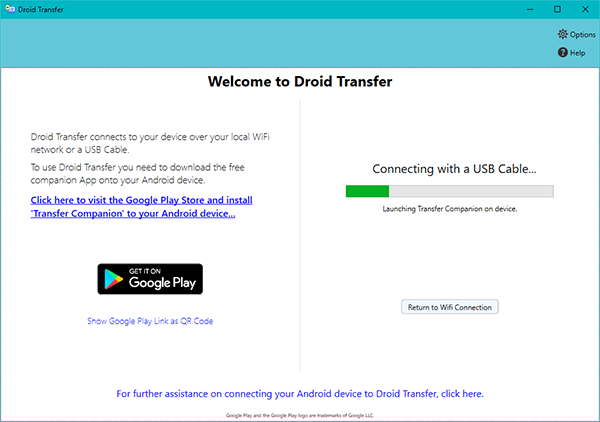 Connect Android to Droid Transfer using USB