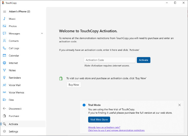 Inputting TouchCopy activation code on PC