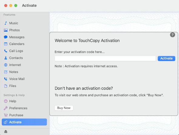 Inputting TouchCopy activation code on Mac