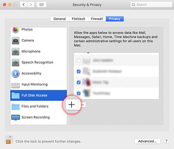 Setting full disk access for an app on Mac