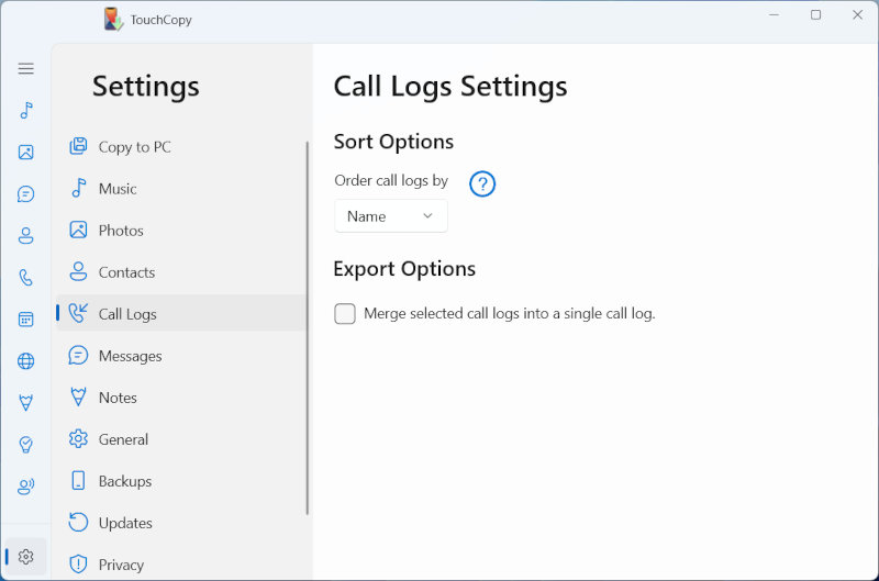 TouchCopy Call Log options