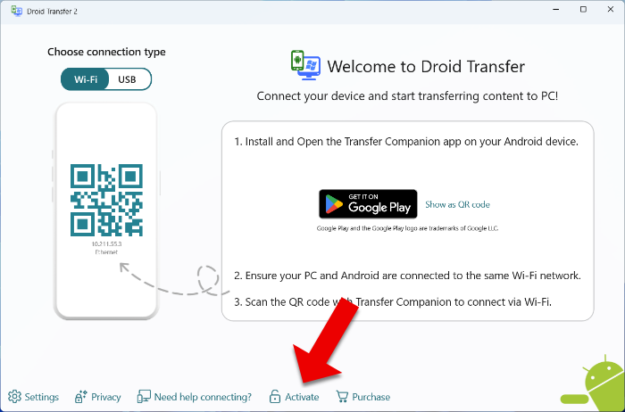 How to activate Droid Transfer