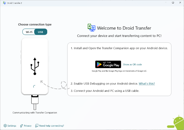 Connect Android to Droid Transfer using USB