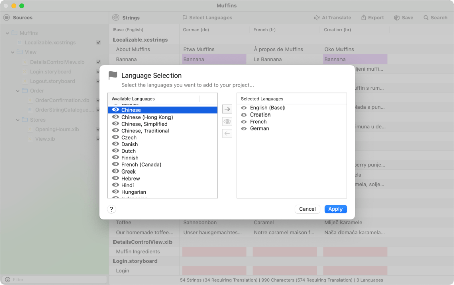 Select languages for translation