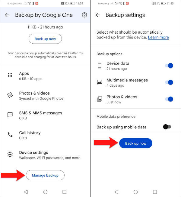 Backing up Android device using Google One