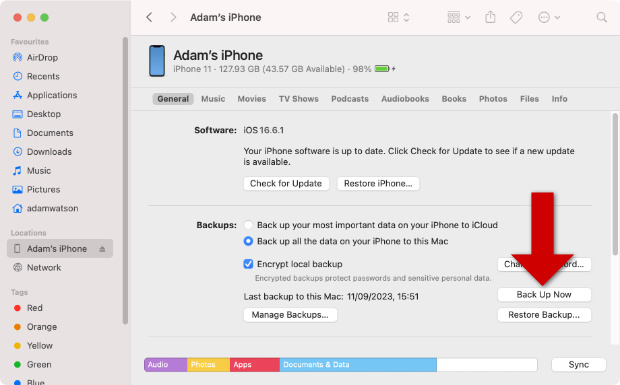 How to Back up iPhone in Finder on macOS