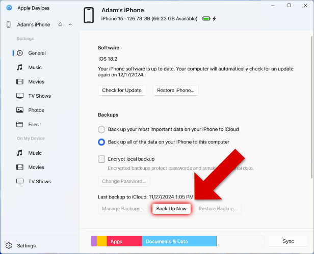 Backing up an iPhone with the Apple Devices app