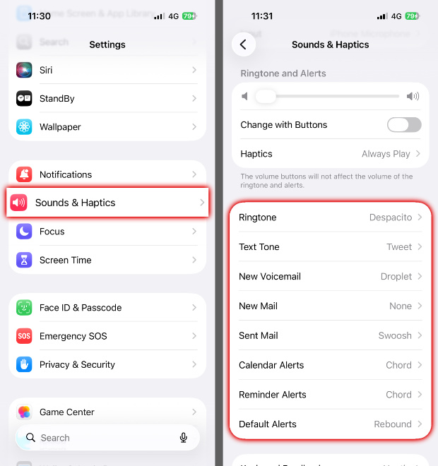Changing the ringtone on an iPhone via Settings