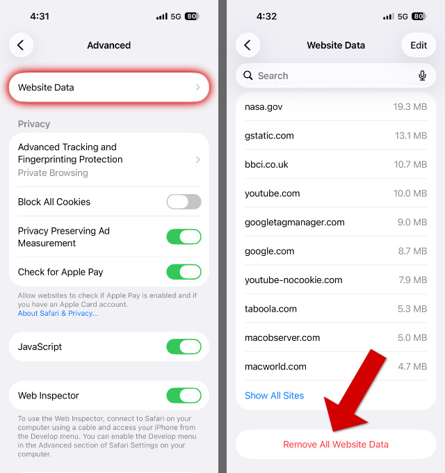Clearing cookies and cache in Safari on iPhone