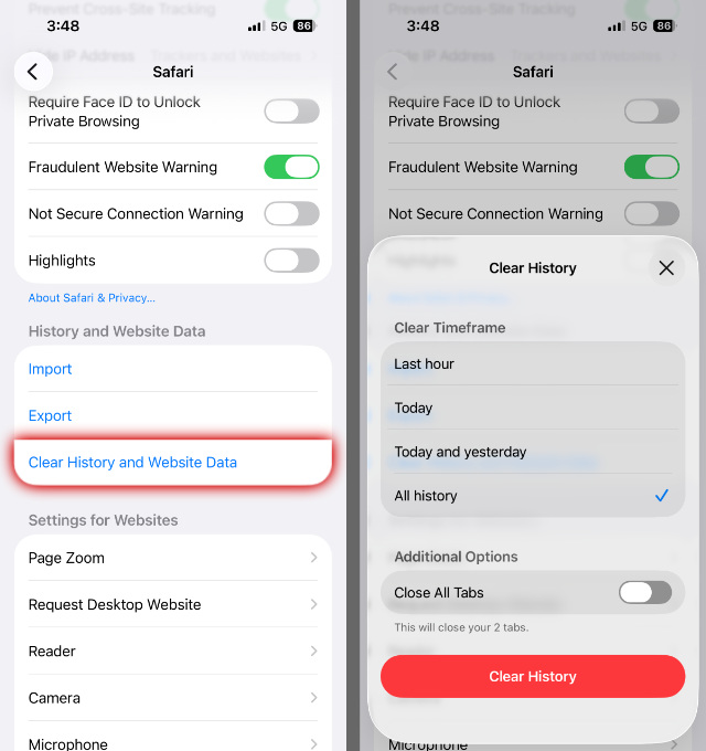 Clearing Safari history and website data on iPhone