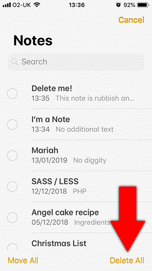 Delete all notes on iPhone