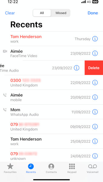 Delete an iPhone Call Log entry by swiping it