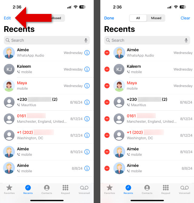 Delete an iPhone Call Log entry by swiping it