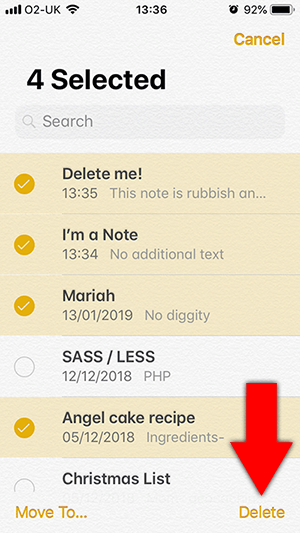 Delete multiple notes on iPhone