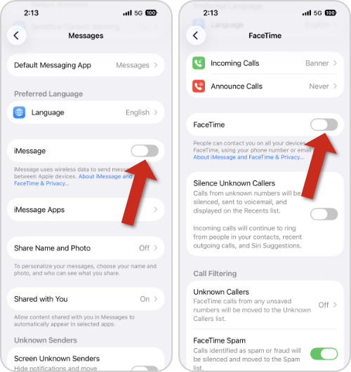 Disabling iMessage and FaceTime on iPhone