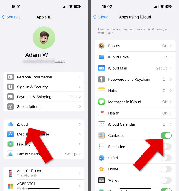 Turn on iCloud Contacts on iPhone