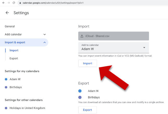 Importing a calendar into Google account