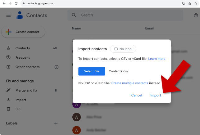 Importing contacts to Google account