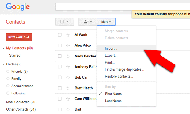Importing contacts to Google account