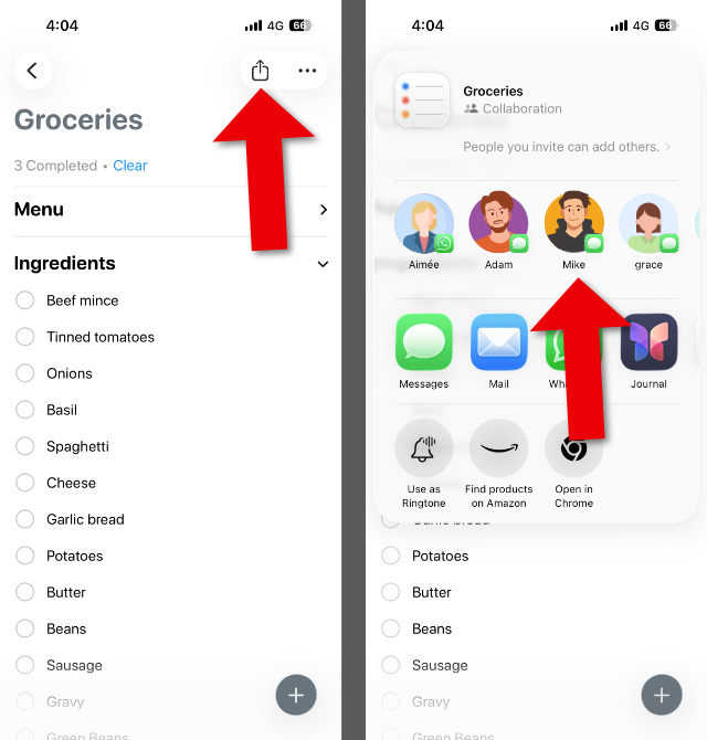 Sharing a grocery list in the iPhone Reminders app