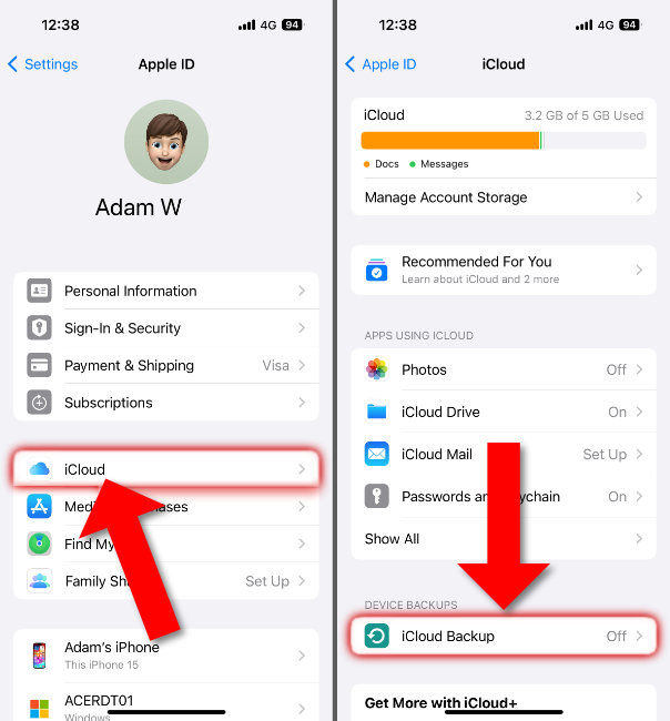 iCloud Backup options in iPhone Settings