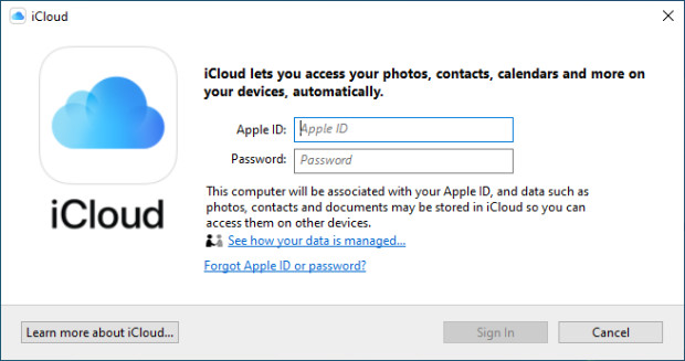 Sign in to iCloud for Windows app