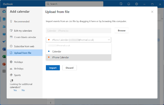 Uploading a calendar into Outlook