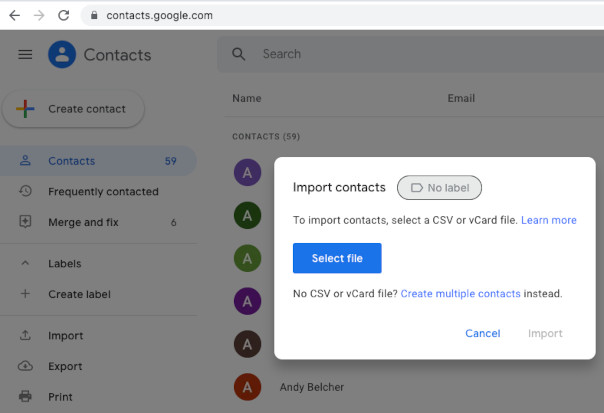 Import contacts to Google via CSV file