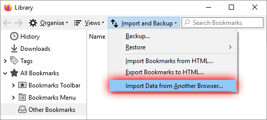 Import data from another browser to Firefox