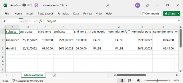 Importing Google Calendar CSV into Excel