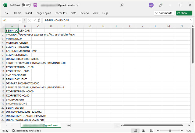 Importing Google Calendar iCal into Excel