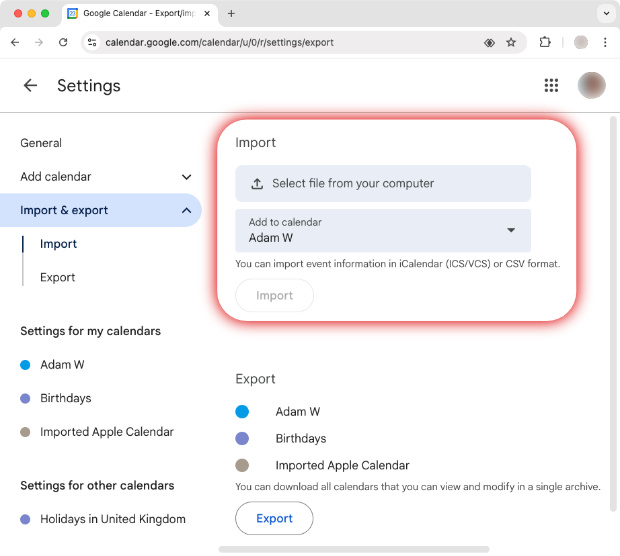 Importing a calendar into Google Calendars
