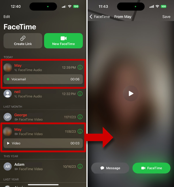 Viewing FaceTime voicemails on iPhone