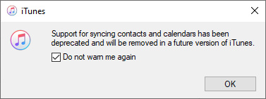 iTunes contacts sync depreciation message