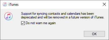 iTunes contacts sync depreciation message