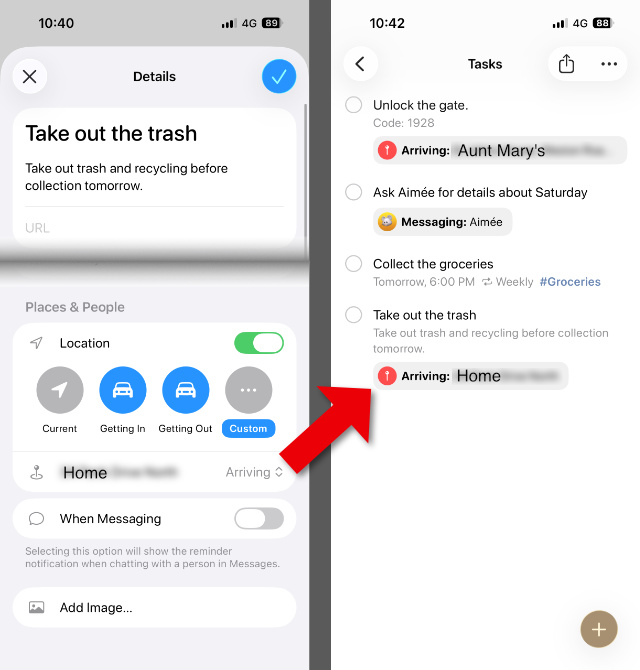 Create an iPhone reminder to notify when a user arrives at a location