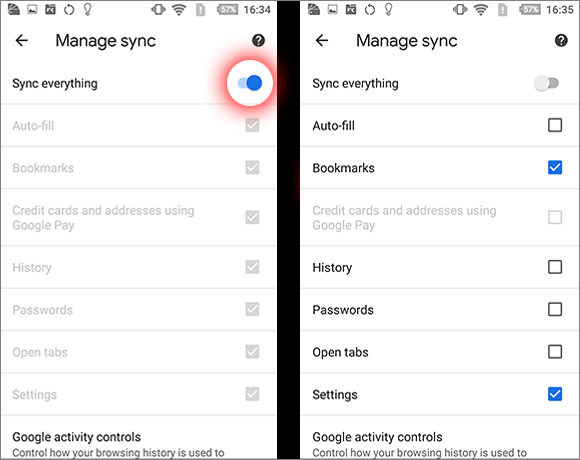 Manage Google Chrome sync settings