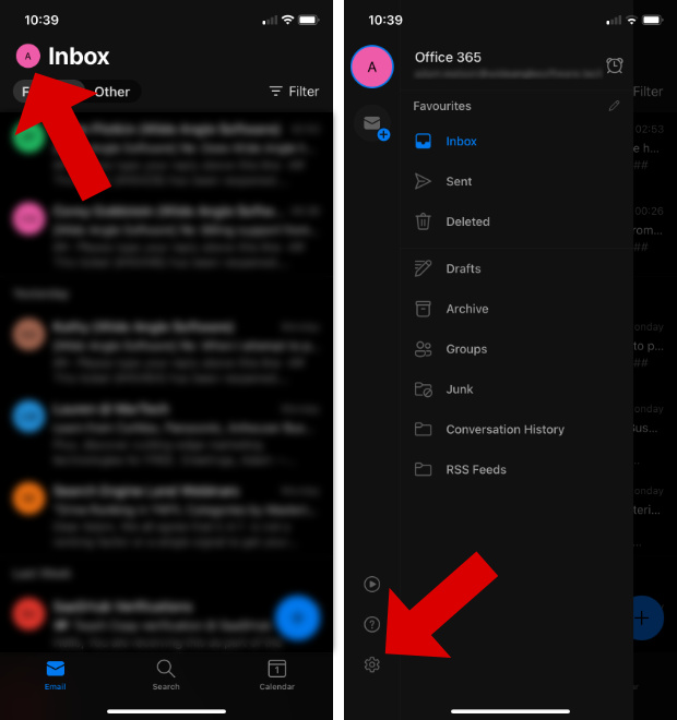 Outlook settings on iPhone app