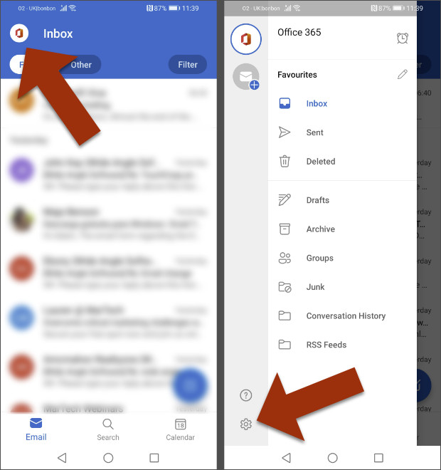 Outlook settings on android app