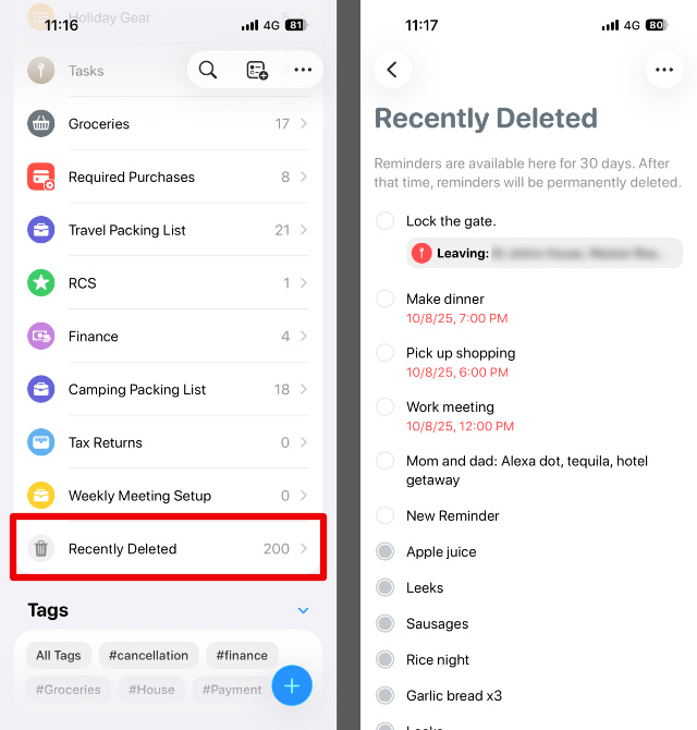 Recovering recently deleted reminders on iPhone