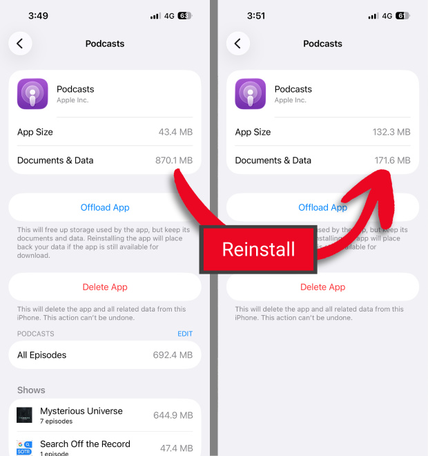 Reinstalling apps on iPhone to clear Documents & Data