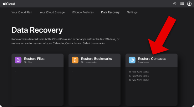 Restore deleted contacts on iPhone using iCloud archive restore