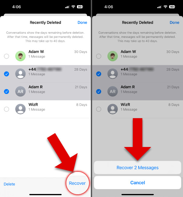Restoring recently deleted messages to iPhone