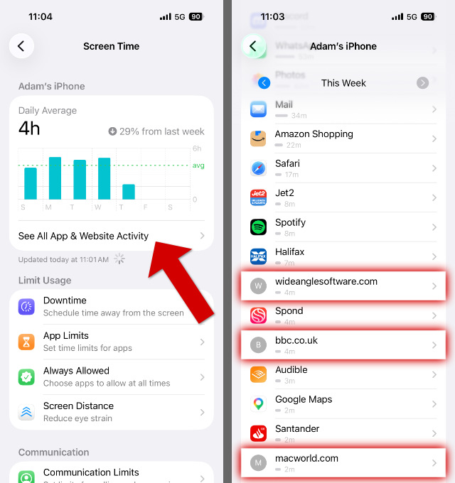 Finding deleted Safari history in Screen Time on iPhone
